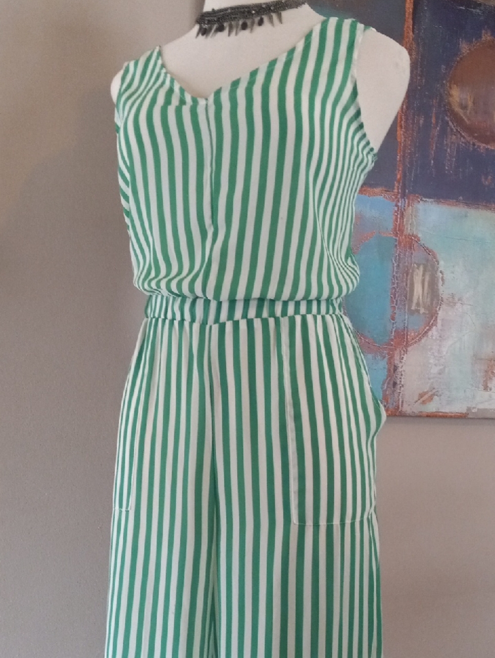 Tiana B. Wide Leg Green and White Vertical Stripe Sleeveless Jumpsuit Romper - Picture 10 of 16
